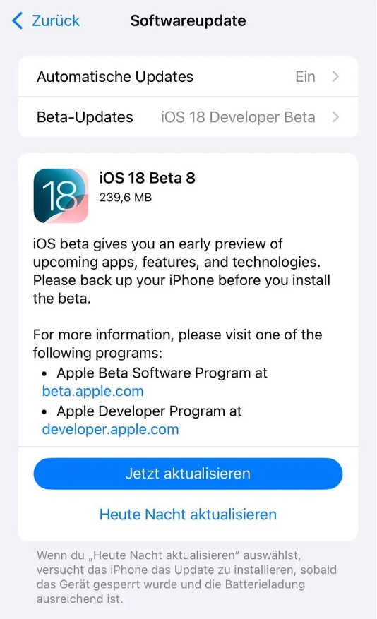 龙里苹果手机维修分享苹果 iOS / iPadOS 18 开发者预览版 Beta 8 发布 